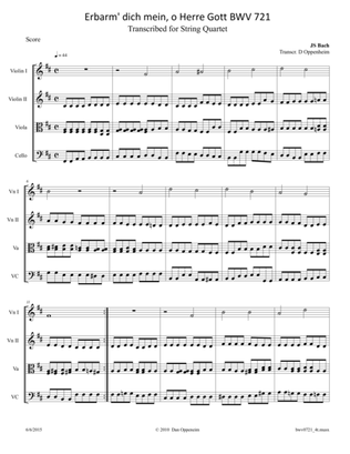 Bach: Erbarm' dich mein, o Herre Gott BWV 721 arr. for String Quartet