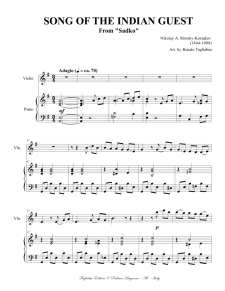 SONG OF THE INDIAN GUEST - Korsakov - Arr. for Violin (or any instr. in C) and Piano image number null