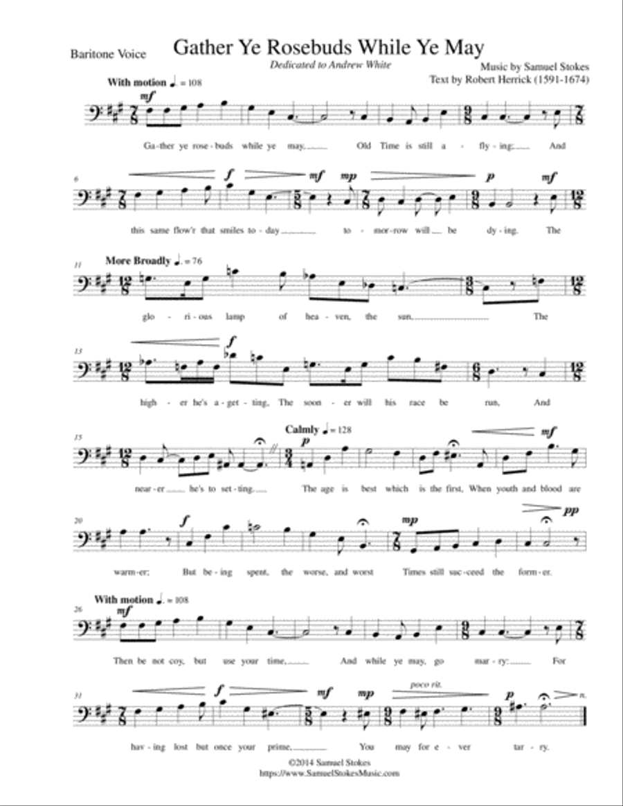 Gather Ye Rosebuds While Ye May - for unaccompanied baritone voice A Cappella scores gallery preview page 1