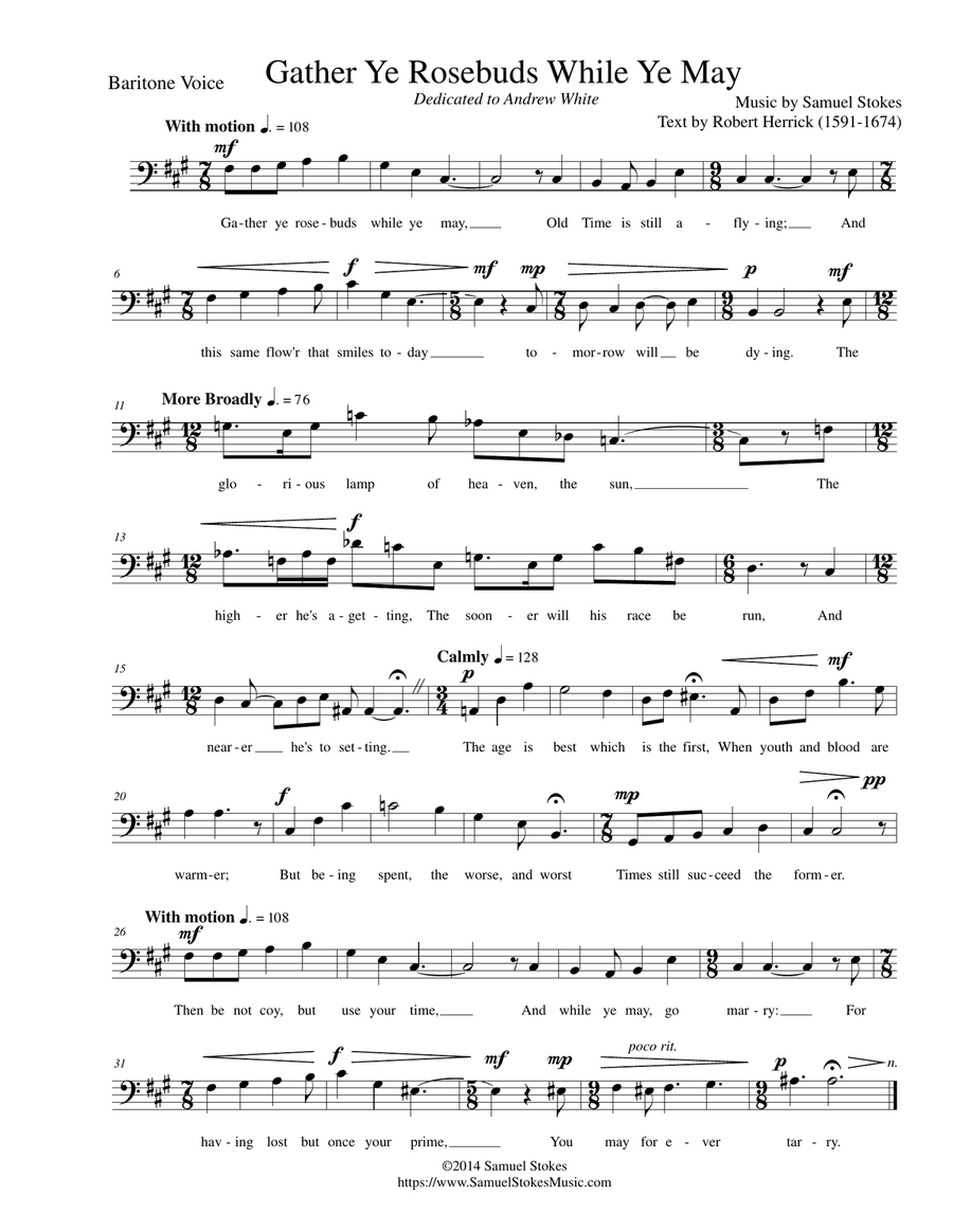 Gather Ye Rosebuds While Ye May - for unaccompanied baritone voice