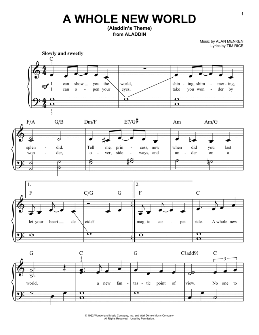 A Whole New World (from Aladdin) Easy Piano scores gallery preview page 1