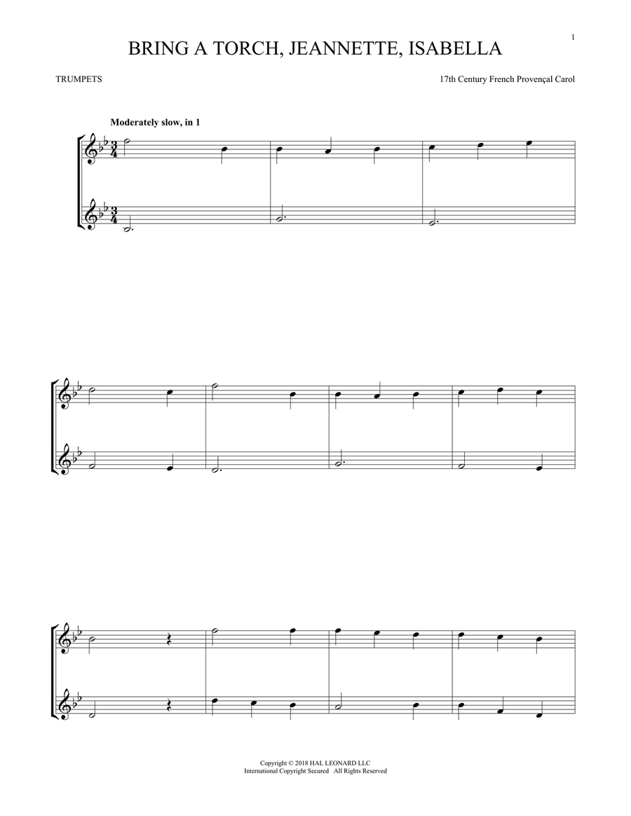 Bring A Torch, Jeannette, Isabella Trumpet Duet scores gallery preview page 1
