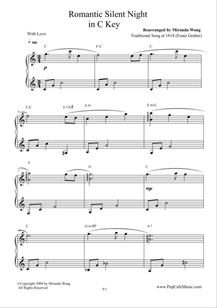 Romantic Silent Night in C Key - Touching Version 4-Part scores gallery preview page 1