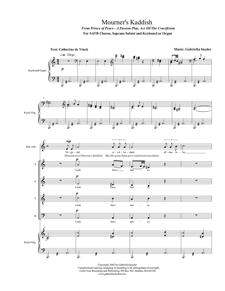 Mourner's Kaddish 4-Part scores gallery preview page 1