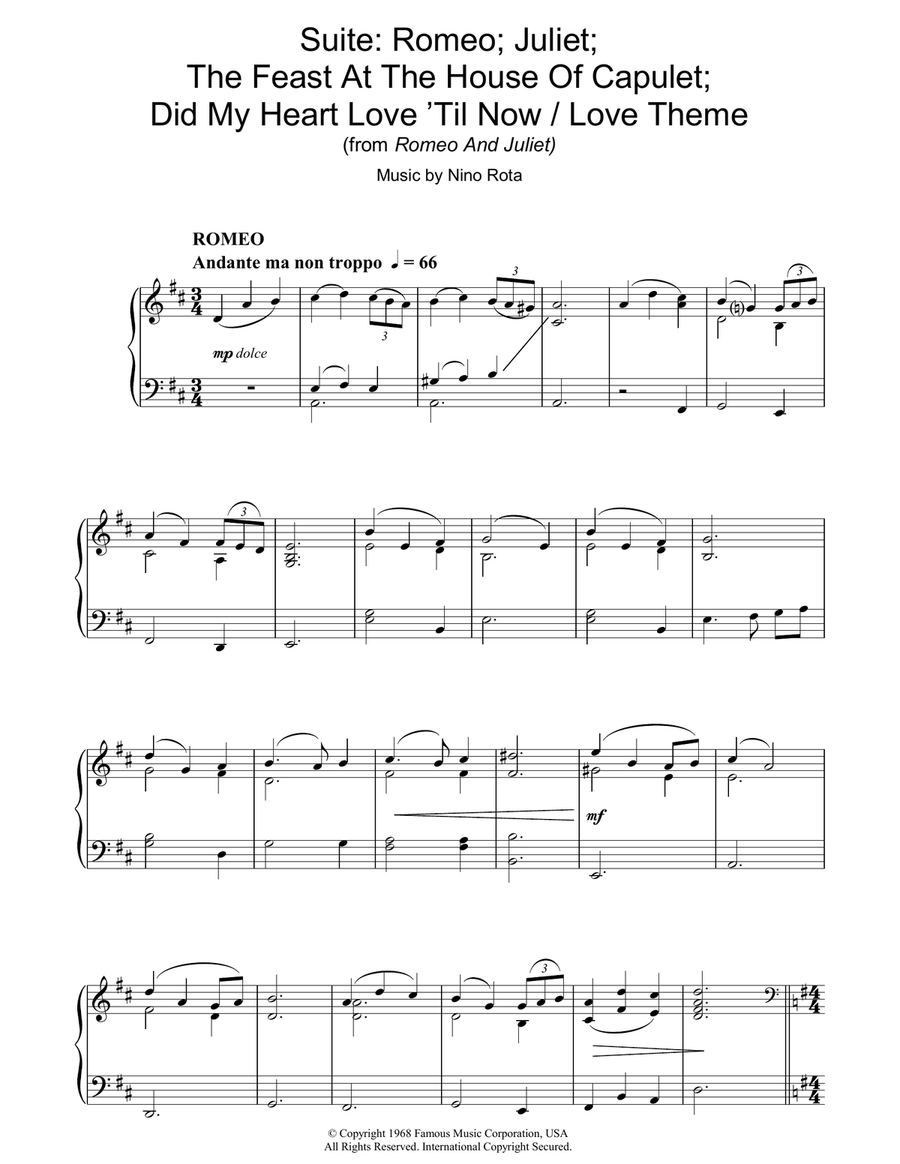 Suite: Romeo; Juliet; The Feast At The House Of Capulet; Did My Heart Love 'Til Now / Love Theme Piano Solo scores gallery preview page 1