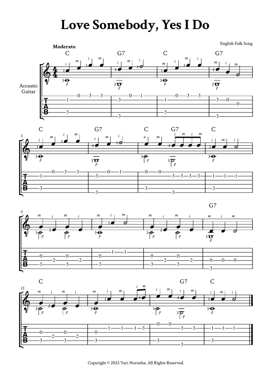 Love Somebody, Yes I Do - Fingerstyle Guitar (with TAB, Chords and Fingering) Acoustic Guitar scores gallery preview page 1