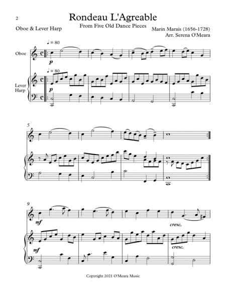 Rondeau L’Agreable, Duet for Oboe & Lever Harp by Marin Marais Oboe - Digital Sheet Music