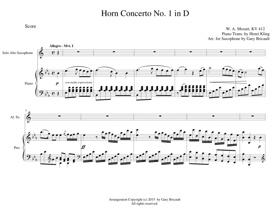 Horn Concerto No. 1 in D - K 412 Alto Saxophone scores gallery preview page 1