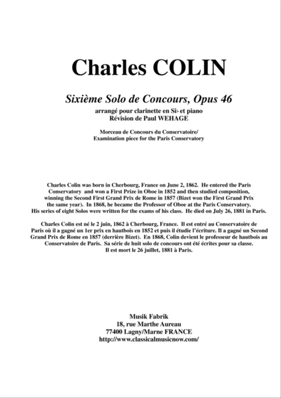 Charles Colin: Sixième Solo de Concours, Opus 46 arranged for Bb clarinet and piano B-Flat Clarinet scores gallery preview page 1