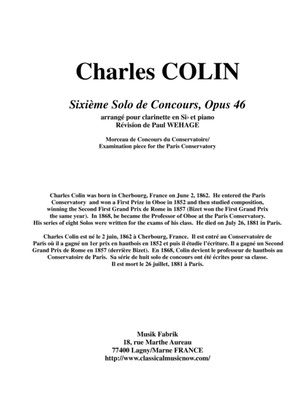 Book cover for Charles Colin: Sixième Solo de Concours, Opus 46 arranged for Bb clarinet and piano