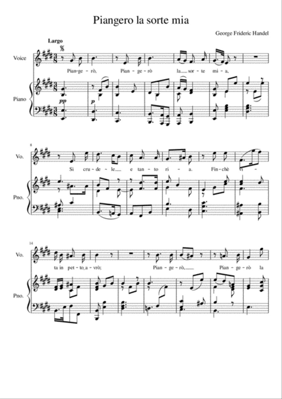 Piangero, la sorte mia - E Major Voice Solo scores gallery preview page 2