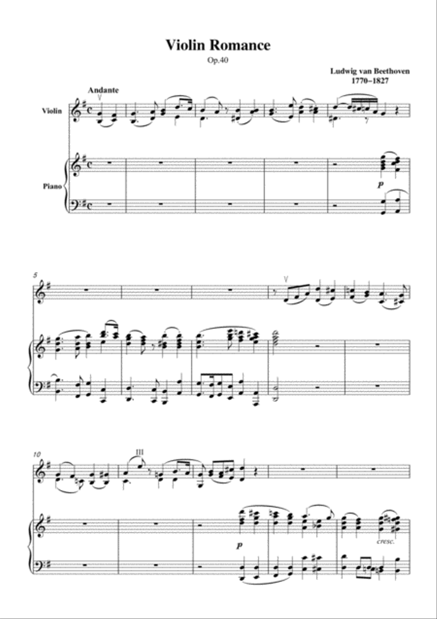 Beethoven-Violin Romance in G Major,Op.40,for Violin and Piano Violin Solo scores gallery preview page 3