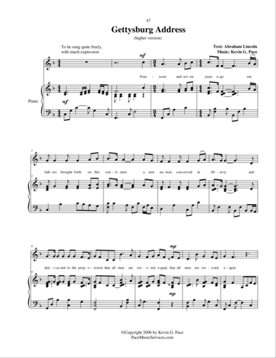 The Gettysburg Address - vocal solo / unison choral with piano accompaniment Unison Choir scores gallery preview page 2