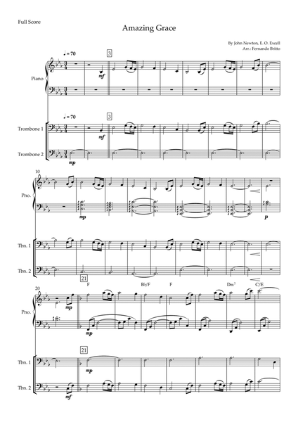 Amazing Grace (John Newton, E. O. Excell) for Trombone Duo and Piano Accompaniment with Chords image number null
