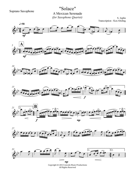 Joplin - “Solace” - A Mexican Serenade (for Saxophone Quartet SATB) image number null