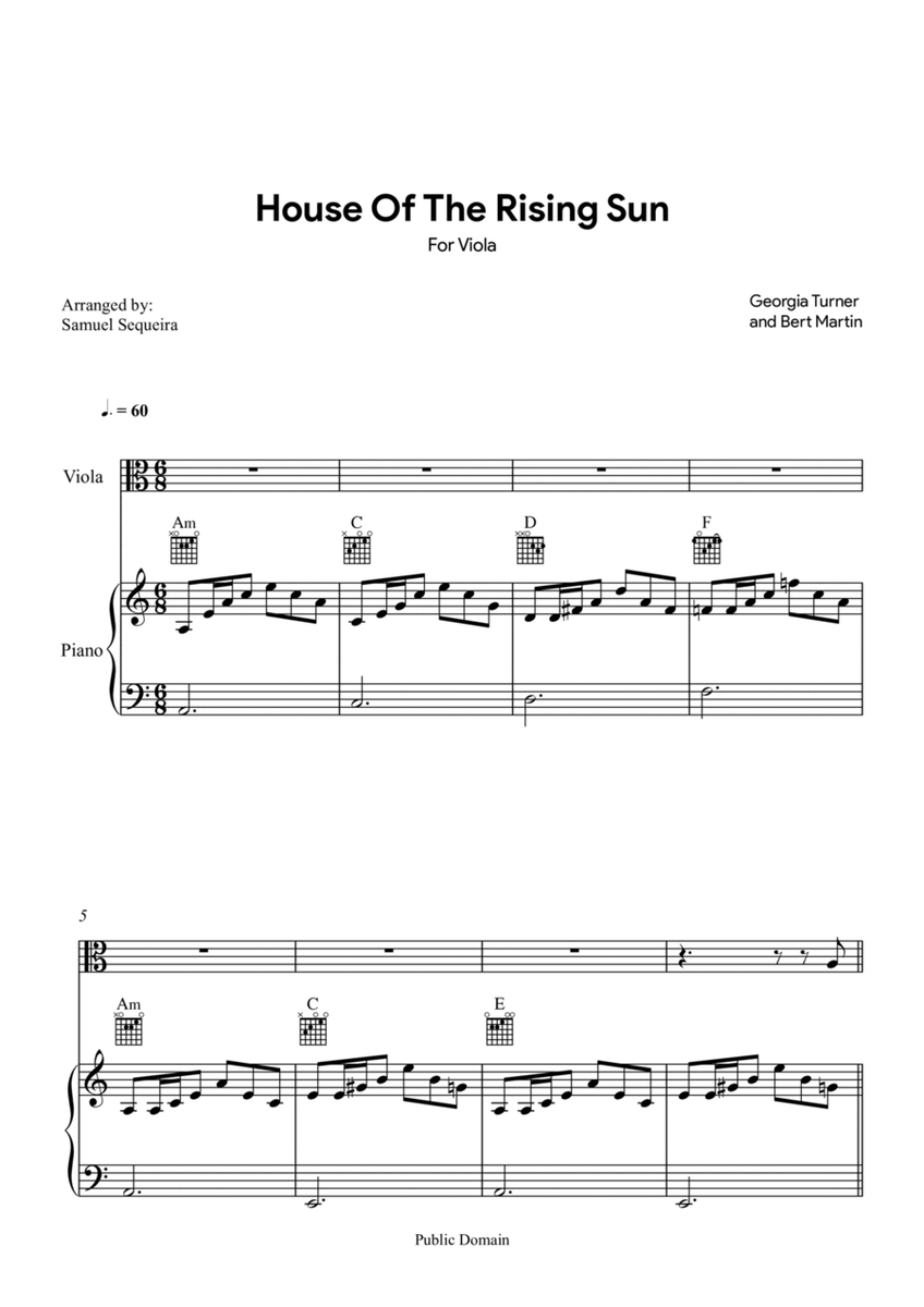 House of the Rising Sun - for Viola - with play along image number null