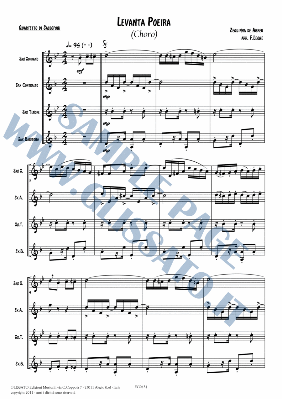 Book cover for Saxophone Quartet arrangement: Levanta Poeira by Z. De Abreu (score and parts)