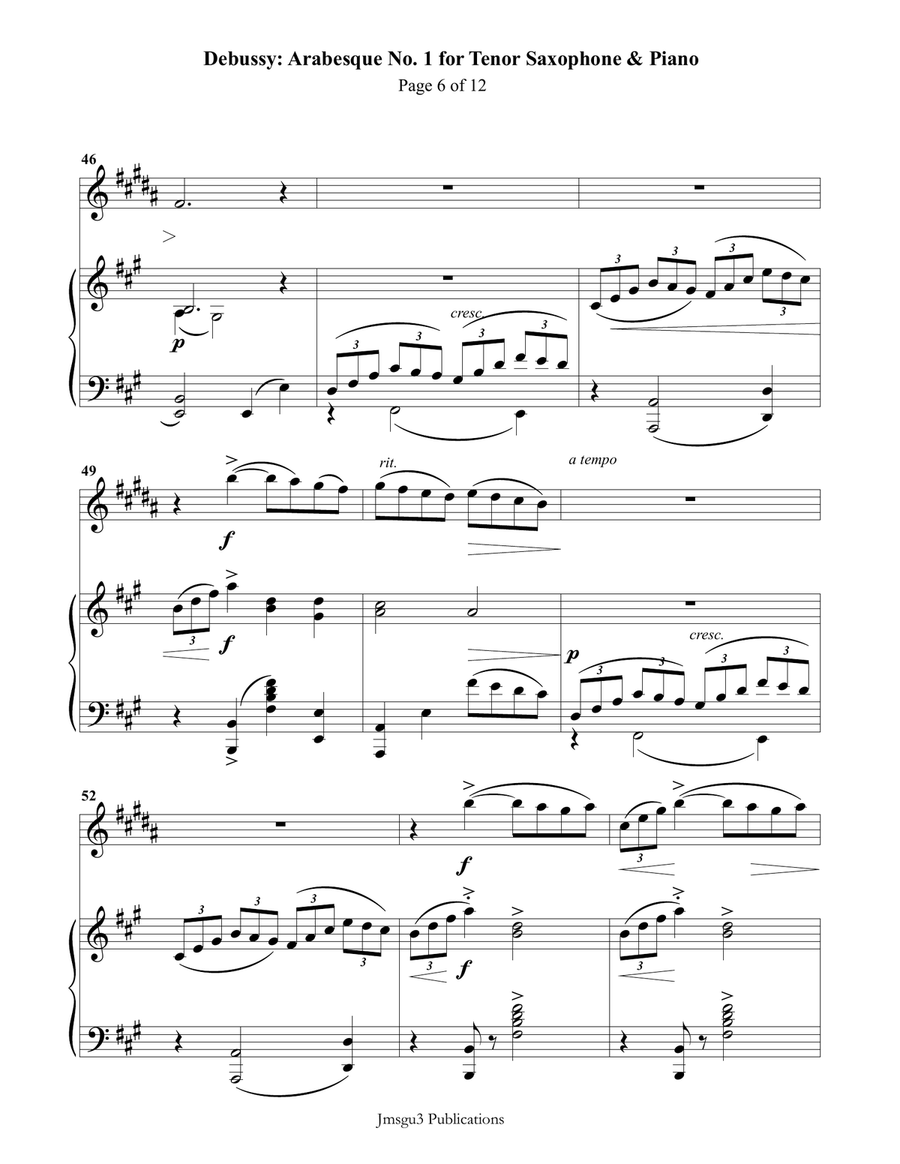 Debussy: Arabesque 1 for Tenor Sax & Piano Tenor Saxophone scores gallery preview page 6