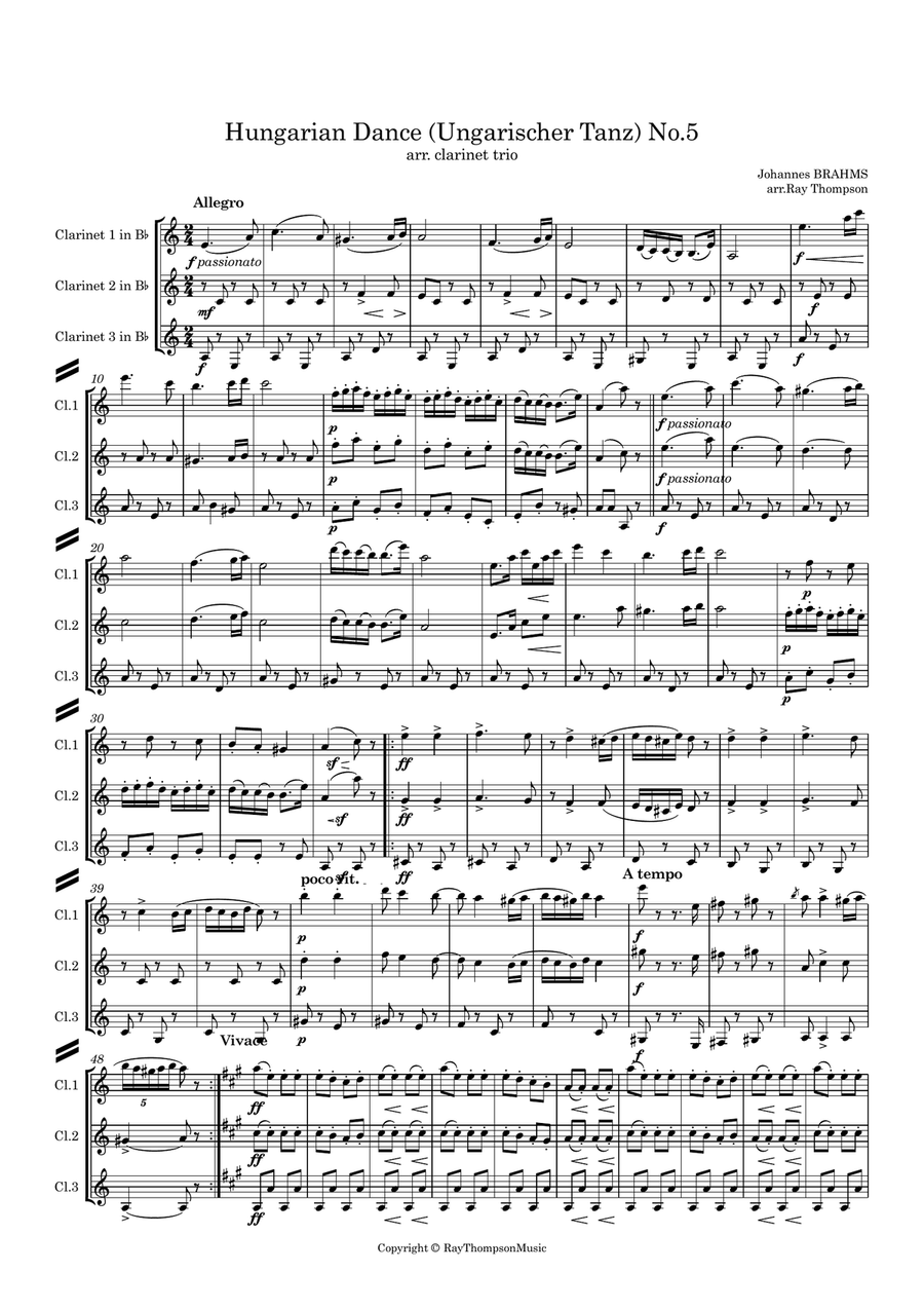 Brahms: Hungarian Dance (Ungarischer Tanz) No.5 - clarinet trio Clarinet Trio scores gallery preview page 2