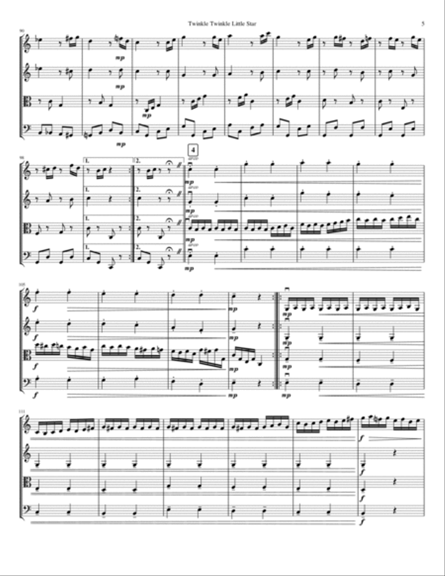 Twinkle Twinkle Little Star String Quartet scores gallery preview page 5