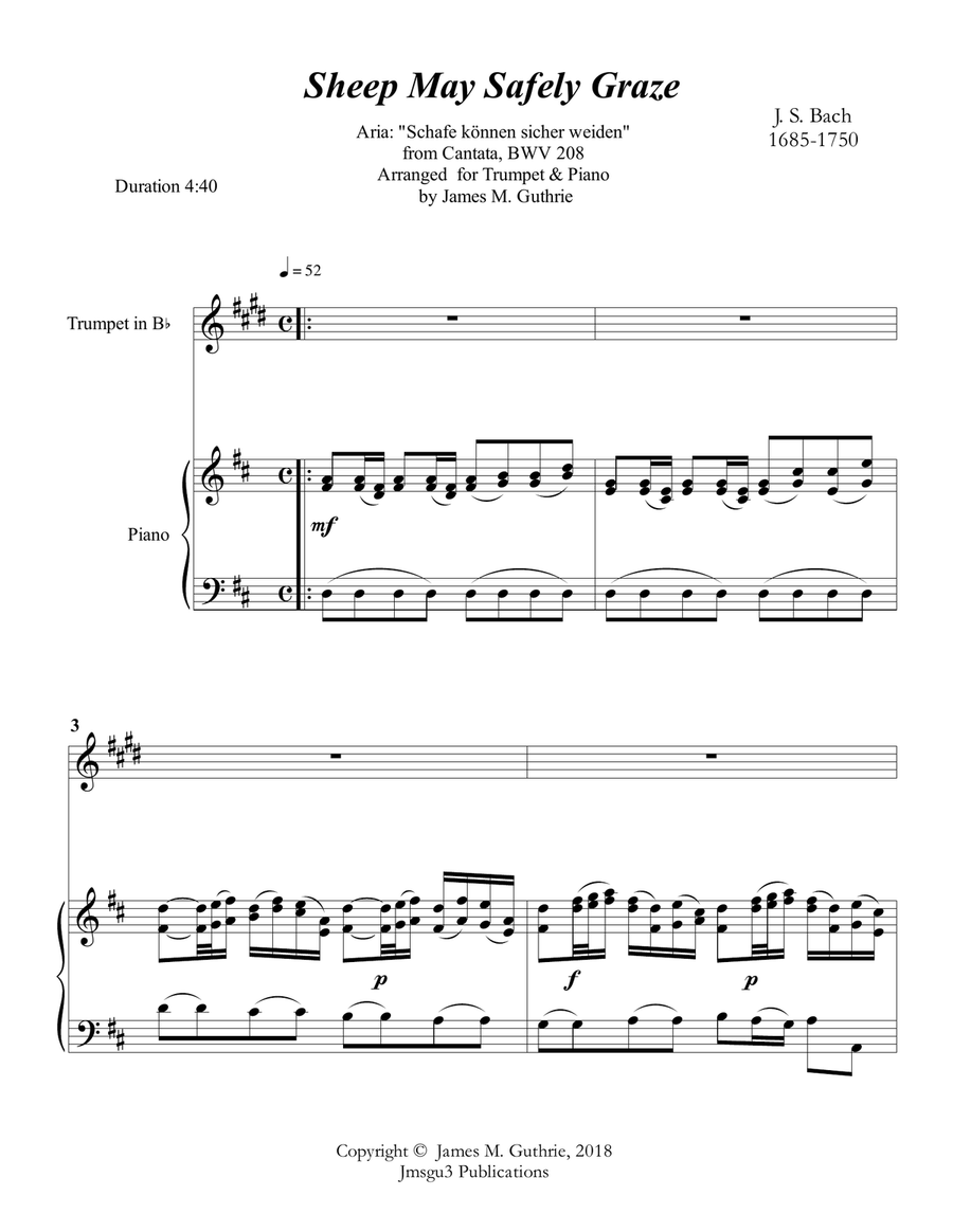 Bach: Sheep May Safely Graze for Trumpet & Piano B-Flat Trumpet scores gallery preview page 1