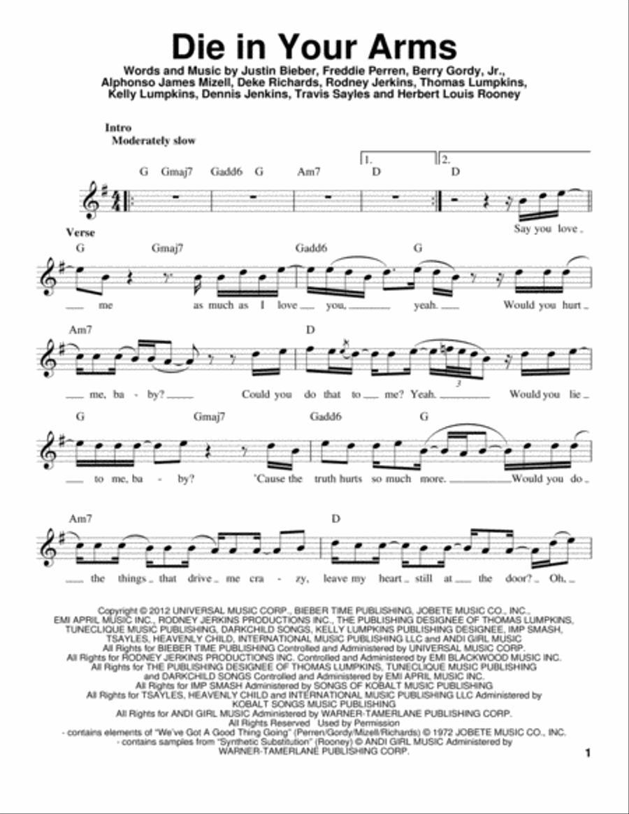 Die In Your Arms Voice scores gallery preview page 1