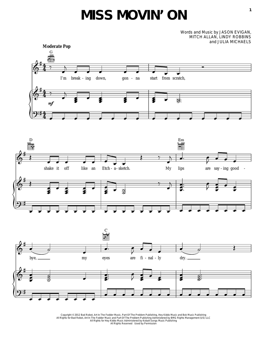 Miss Movin' On Piano, Vocal, Guitar scores gallery preview page 1