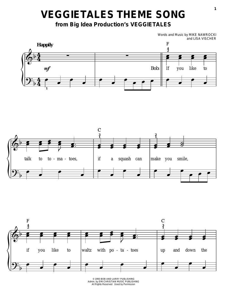 VeggieTales Theme Song Easy Piano scores gallery preview page 1