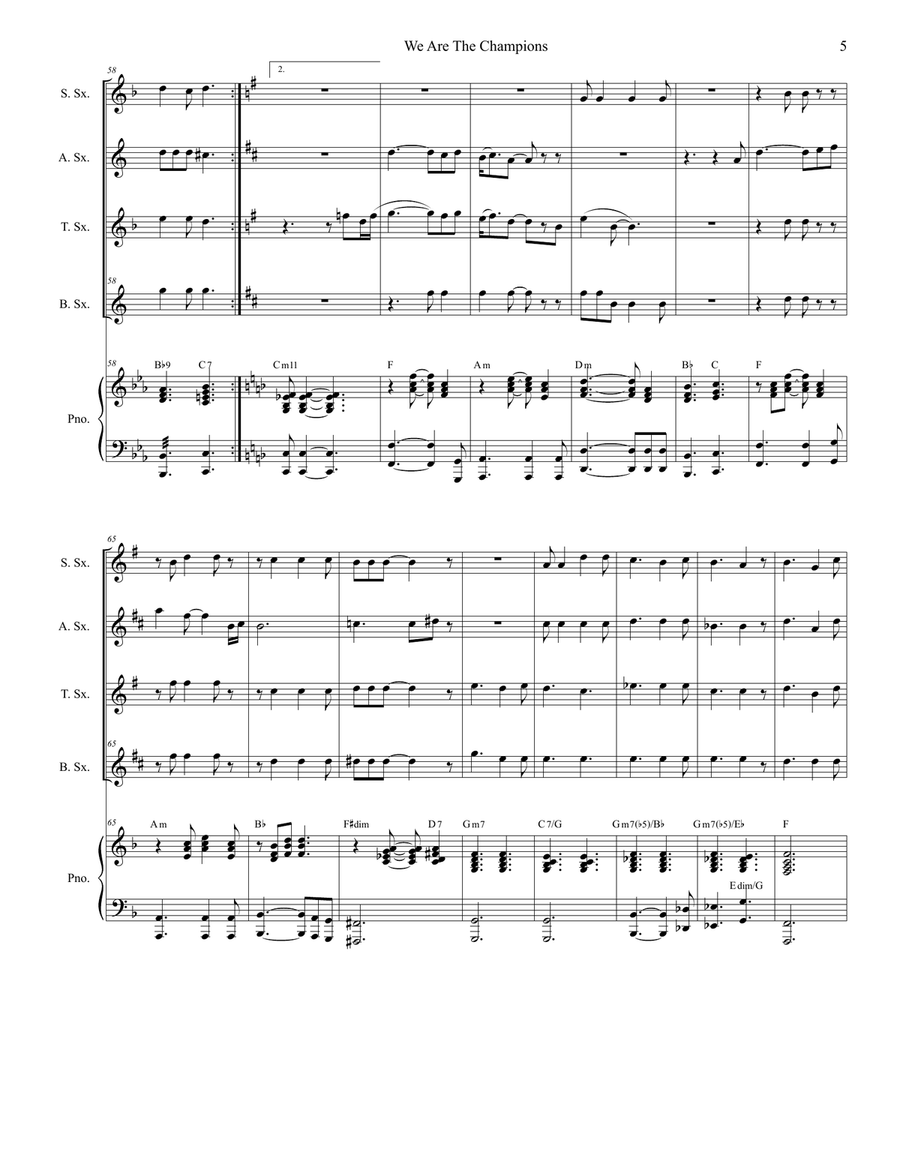 We Are The Champions Saxophone Quartet scores gallery preview page 5