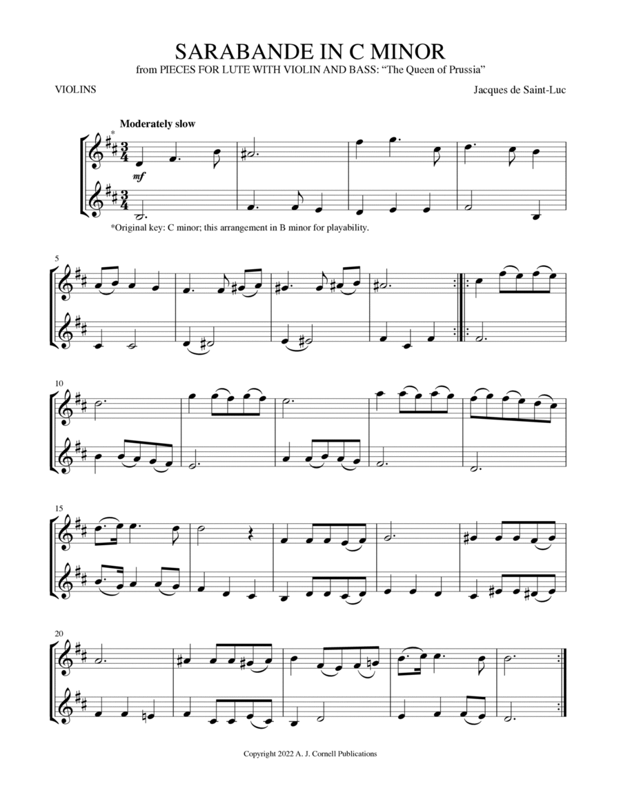 Sarabande in C Minor (from Pieces for Lute with Violin and Bass: “The Queen of Prussia”) String Duet scores gallery preview page 1