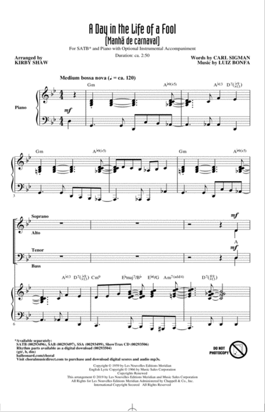 A Day In The Life Of A Fool (Manha De Carnaval) (arr. Kirby Shaw) 4-Part scores gallery preview page 1