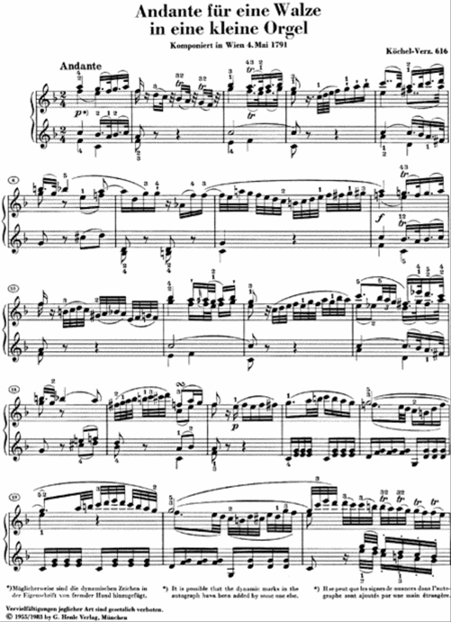 Andante F Major for a Musical Clock K616 Piano Solo scores gallery preview page 2