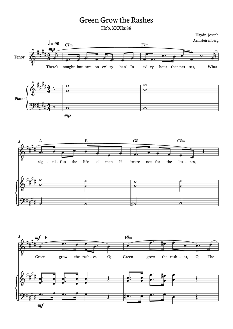Joseph Haydn - Green Grow The Rashes for Tenor with Piano and chords in C# minor. Piano, Vocal scores gallery preview page 1