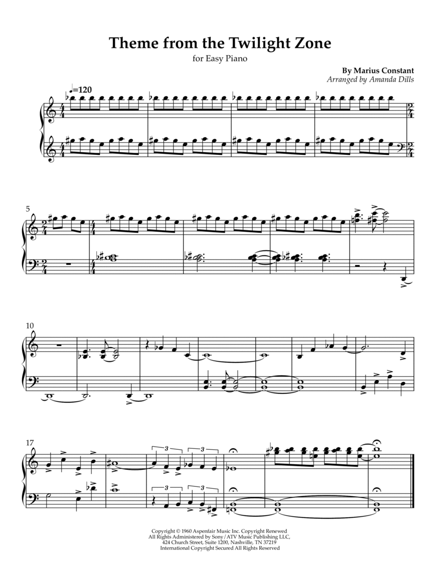 Twilight Zone Main Title Easy Piano scores gallery preview page 1