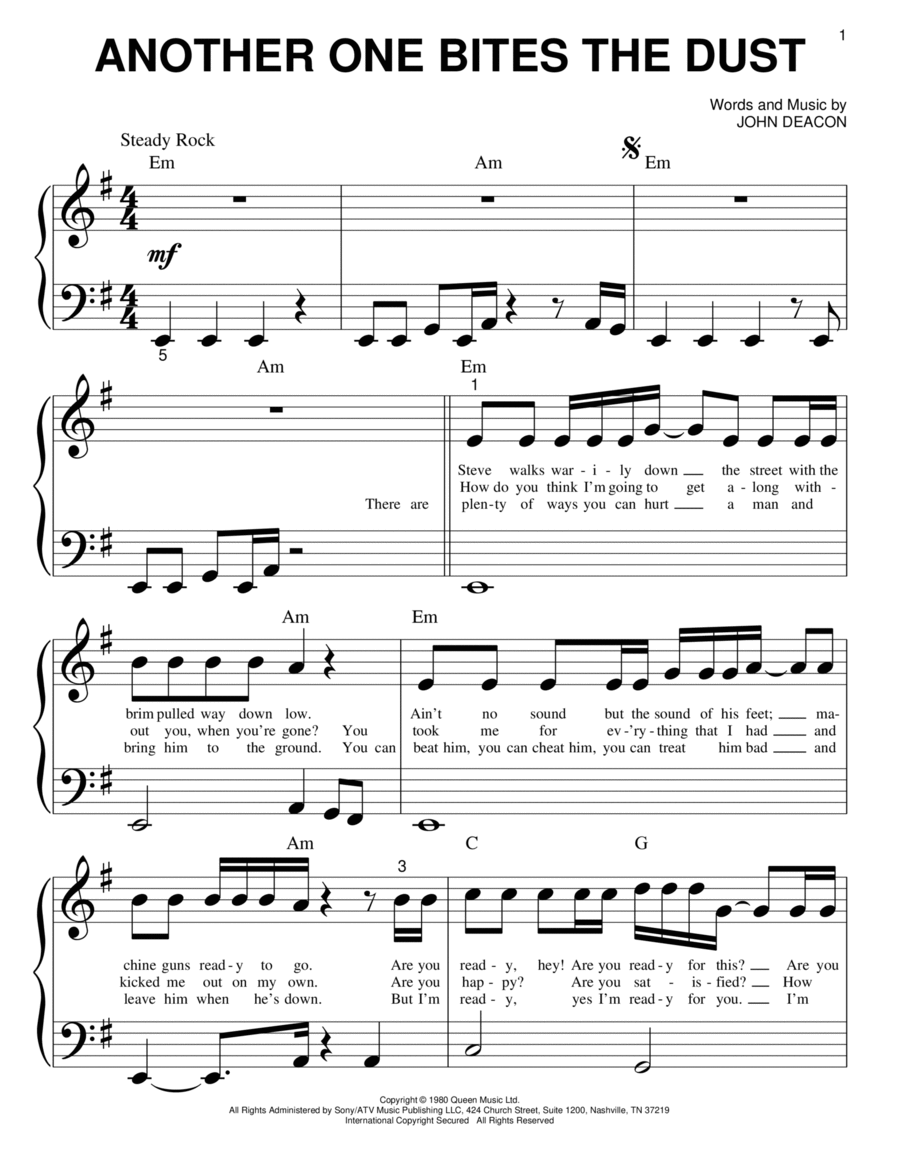 Another One Bites The Dust Easy Piano scores gallery preview page 1