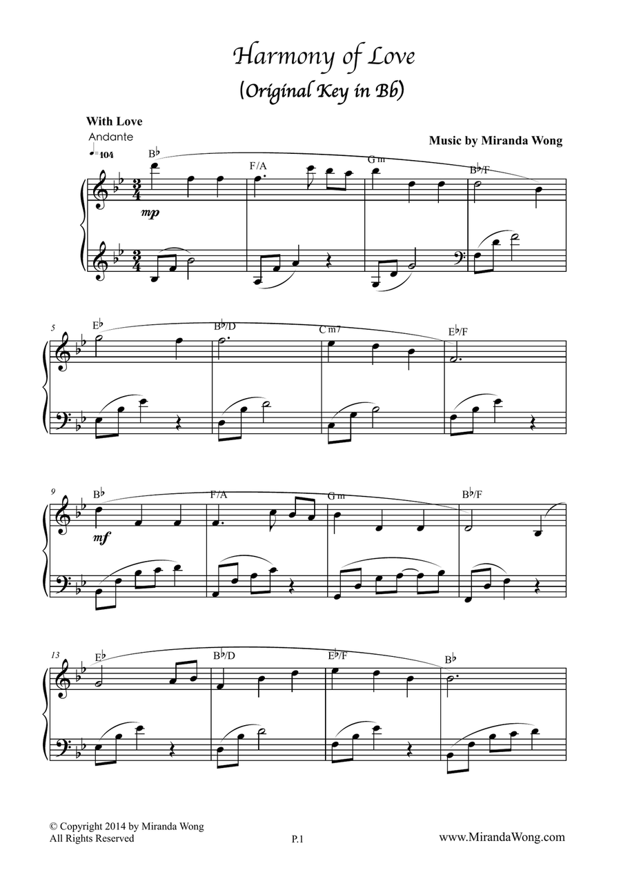 Harmony of Love in Bb Key - Romantic Piano Solo Harmony of Love in Bb Key - Romantic Piano Solo Piano Solo scores gallery preview page 1
