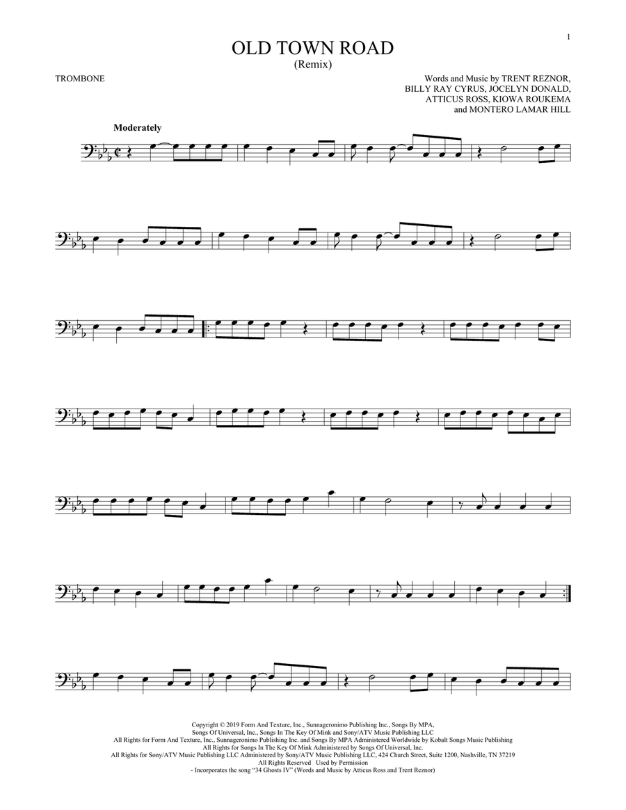 Old Town Road (Remix) Trombone Solo scores gallery preview page 1