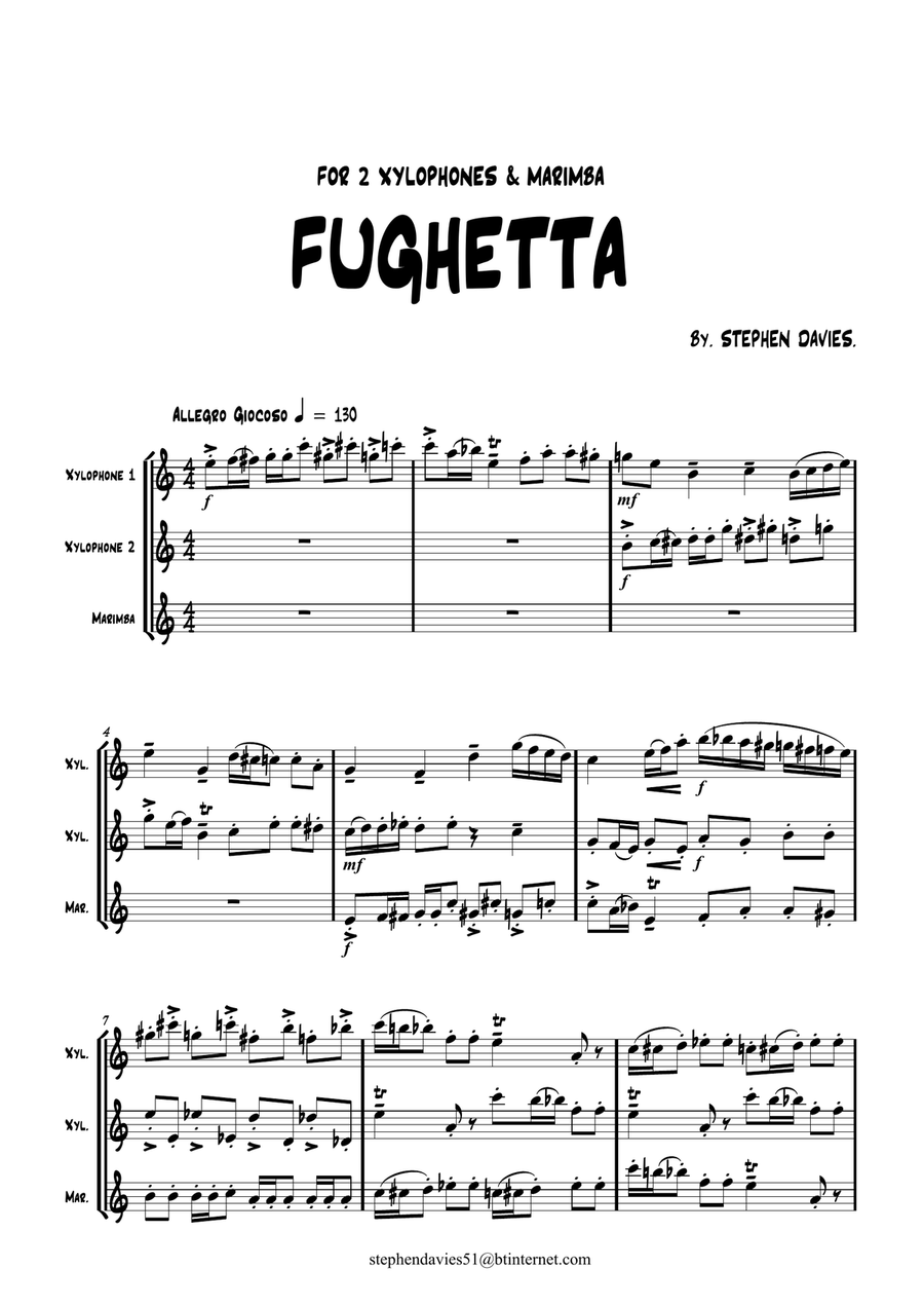 'Fughetta' by Stephen Davies for 2 Xylophones & Marimba Small Ensemble scores gallery preview page 1