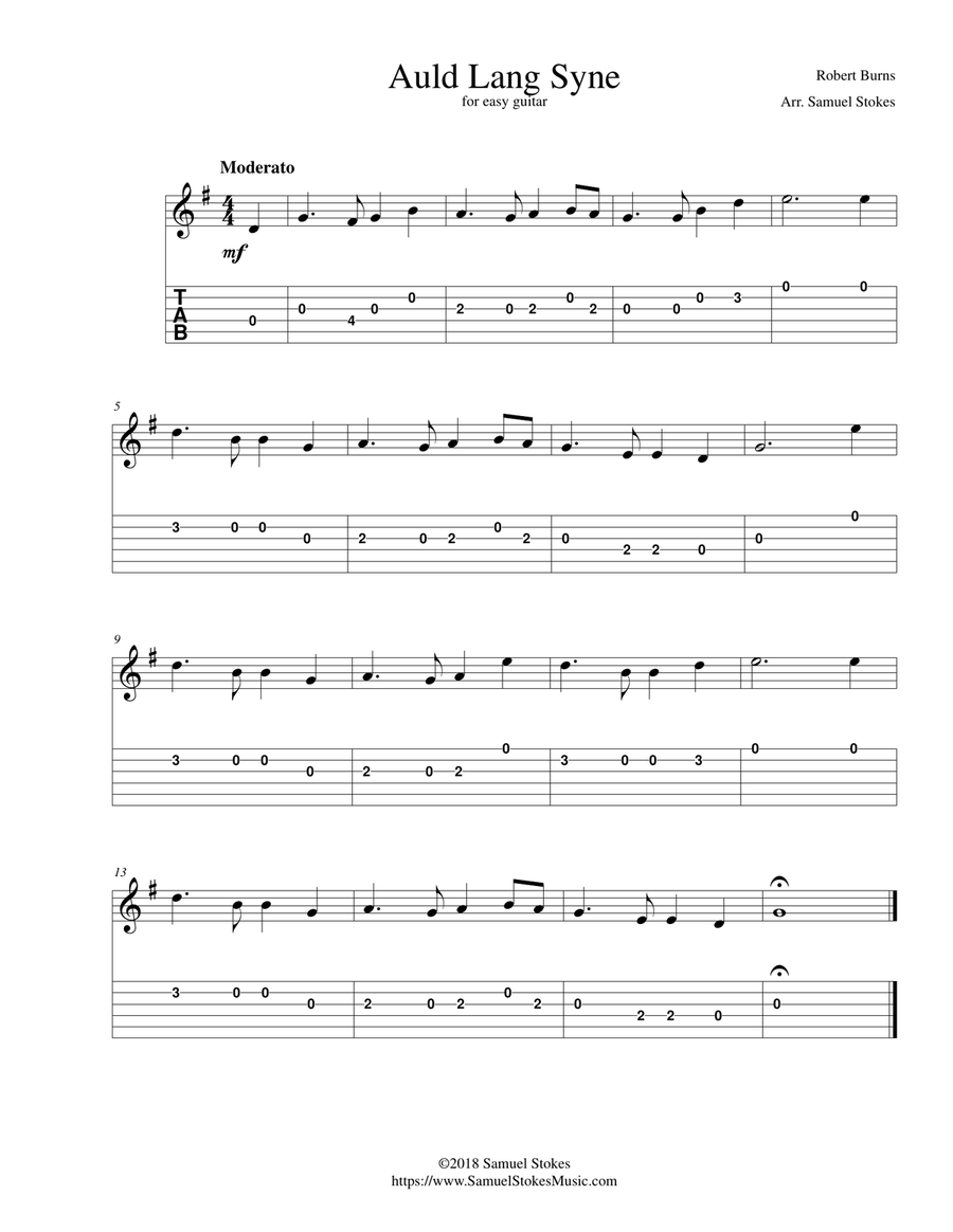 Auld Lang Syne - for easy guitar with TAB Guitar Tablature scores gallery preview page 1