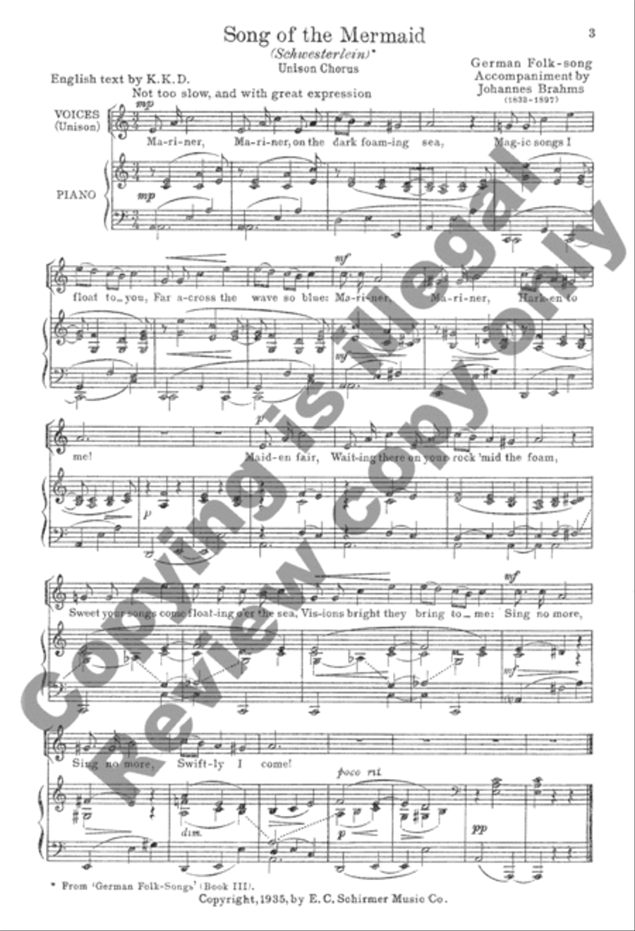 Song of the Mermaid: Schwesterlein (No. 15 from Deutsche Volkslieder) Unison Choir scores gallery preview page 3