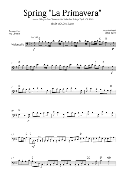 "Spring" (La Primavera) by Vivaldi - Easy version for CELLO SOLO image number null
