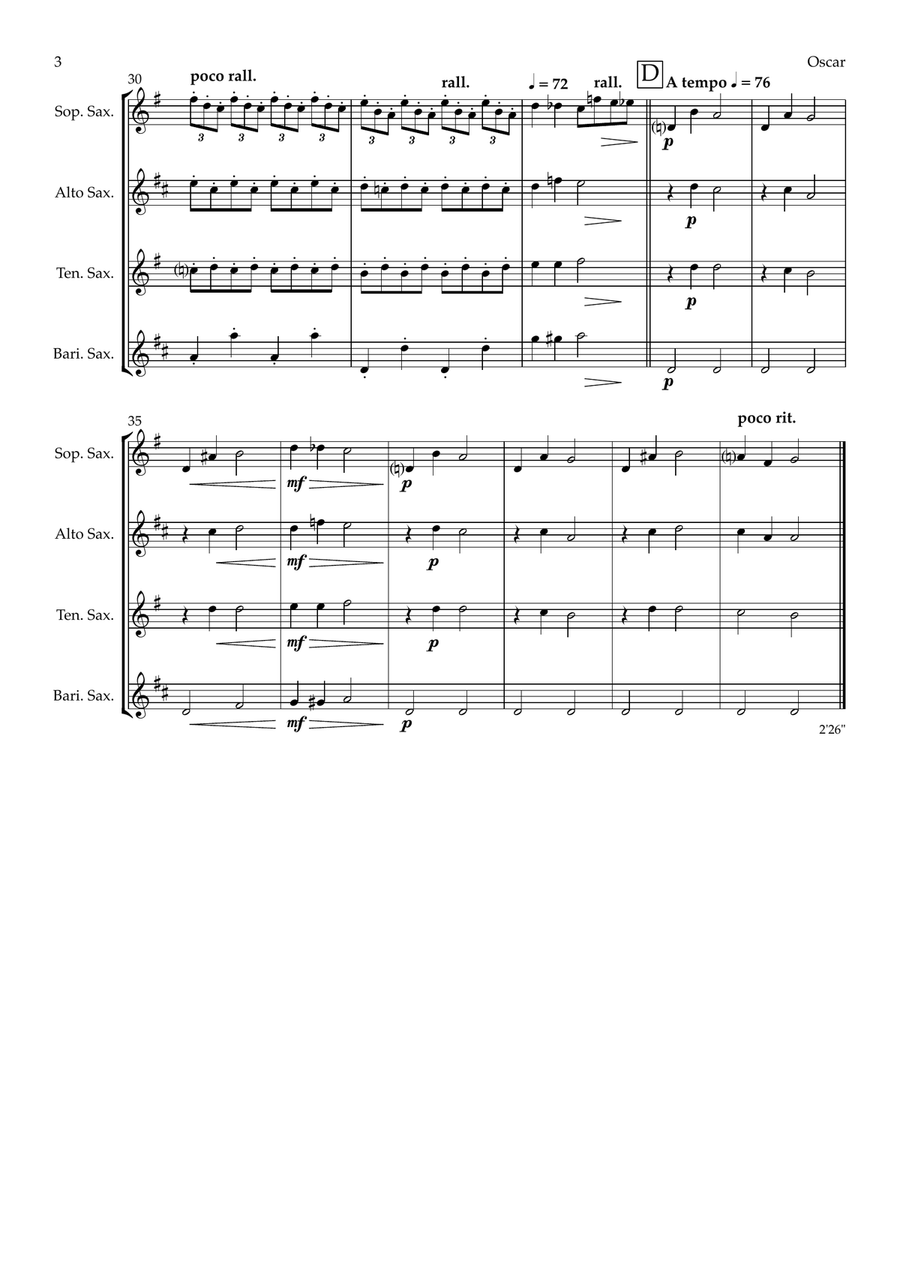 Oscar - The Great Thinker from The Cat Suite (saxophone quartet - SATB) Saxophone Quartet scores gallery preview page 3