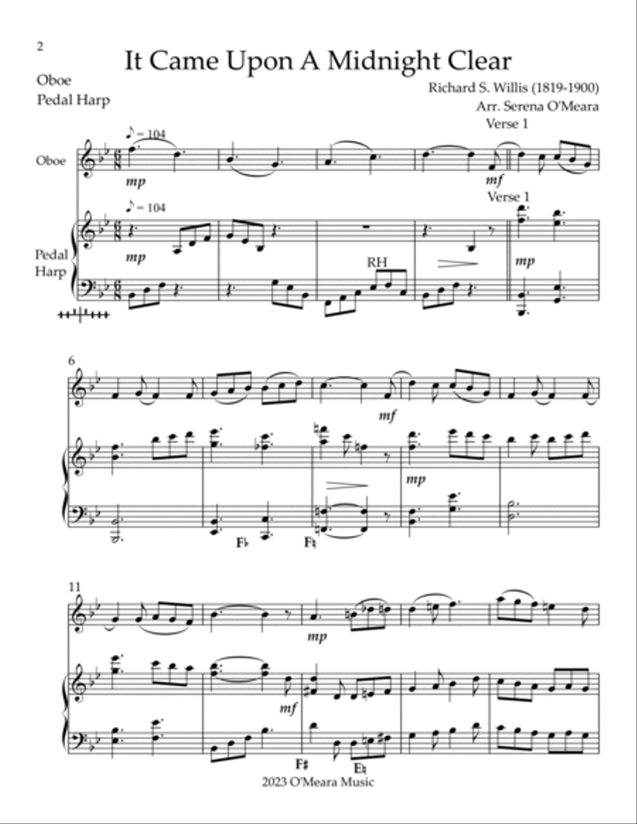 It Came Upon A Midnight Clear, Duet for Oboe & Pedal Harp Oboe scores gallery preview page 2