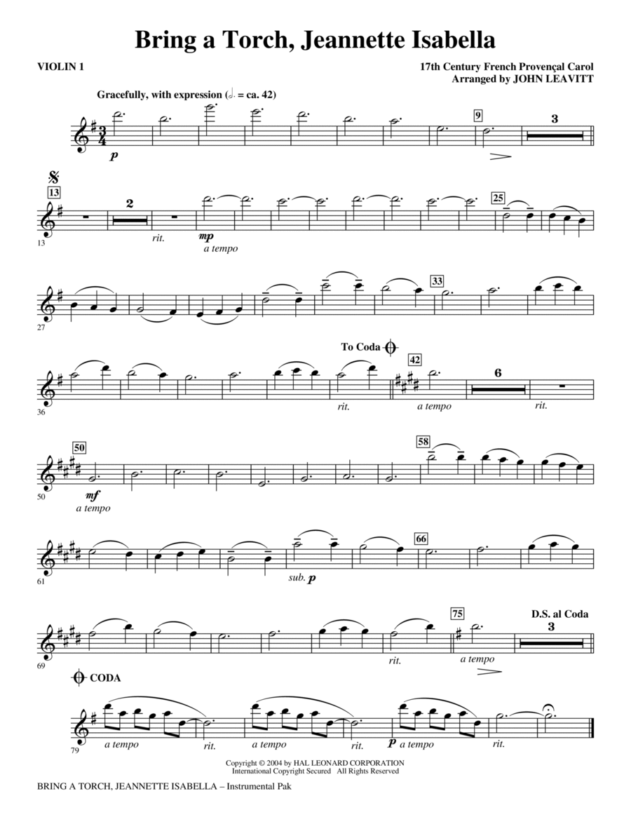 Bring a Torch, Jeanette Isabella - Violin 1 Choir scores gallery preview page 1