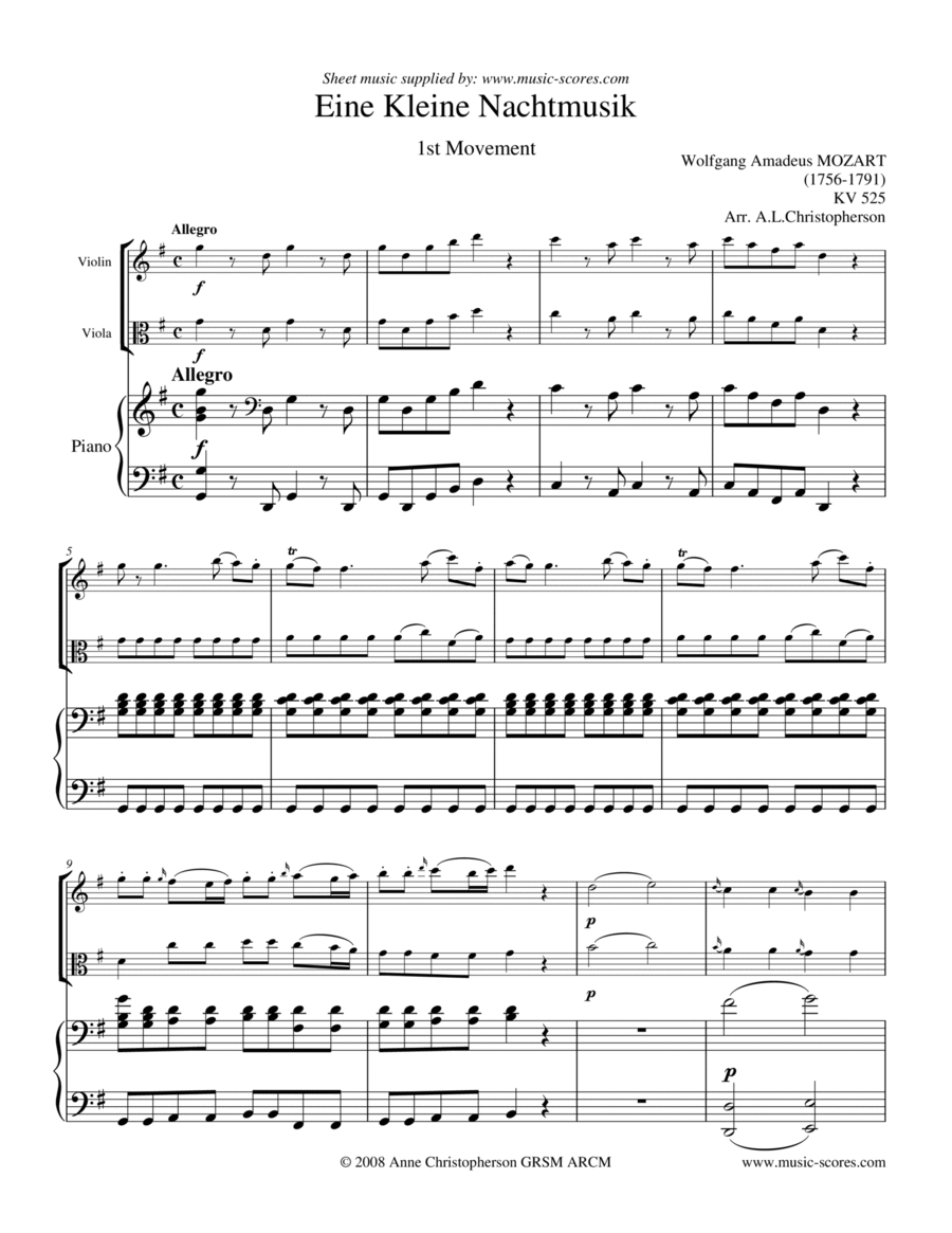 Book cover for Eine Kleine Nachtmusik - Allegro 1st movement - Violin, Viola and Piano