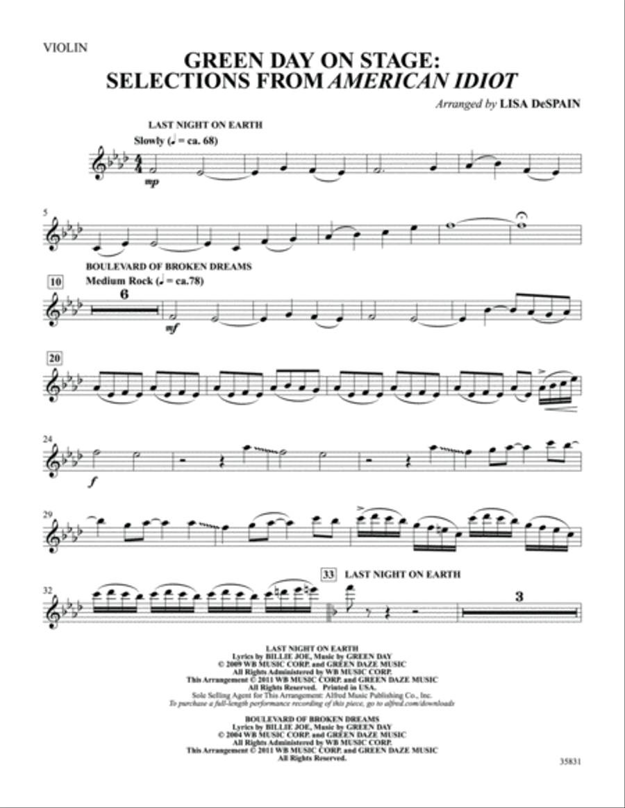 Green Day on Stage: Selections from American Idiot: 1st Violin Violin scores gallery preview page 1