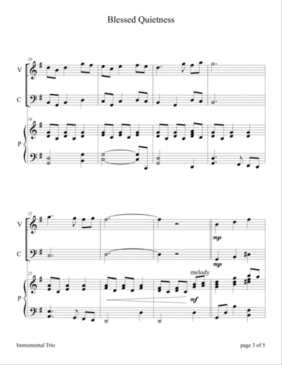 Blessed Quietness (for Violin and Cello Duet with Piano accompaniment) Piano Trio scores gallery preview page 6