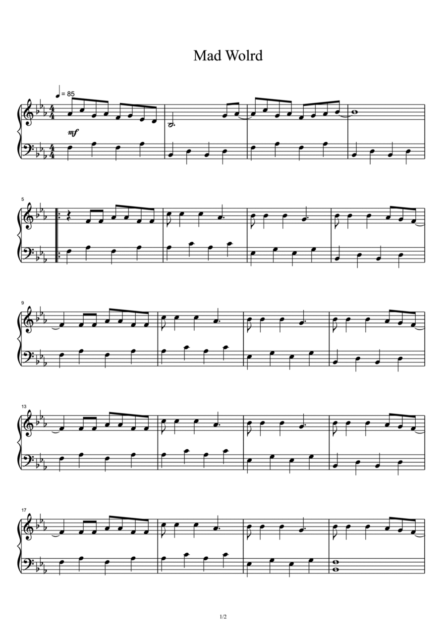 Mad World Mad World Piano Solo scores gallery preview page 1