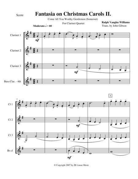Vaughan Williams - Fantasia on Christmas Carols II for Clarinet Quartet image number null