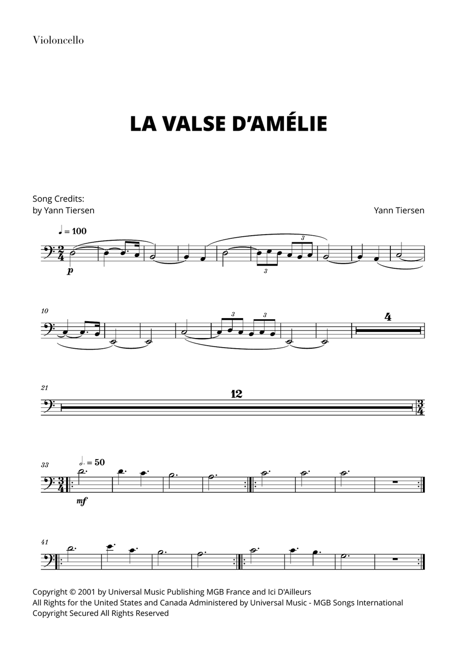 La Valse D'amelie Cello Solo scores gallery preview page 1